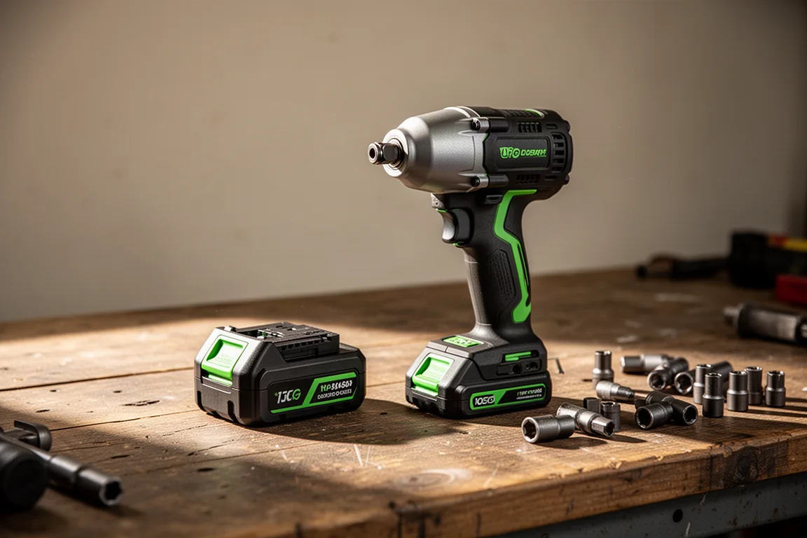 Sladdlös slagnyckel som ligger på ett garagebord bredvid ett batteripack
