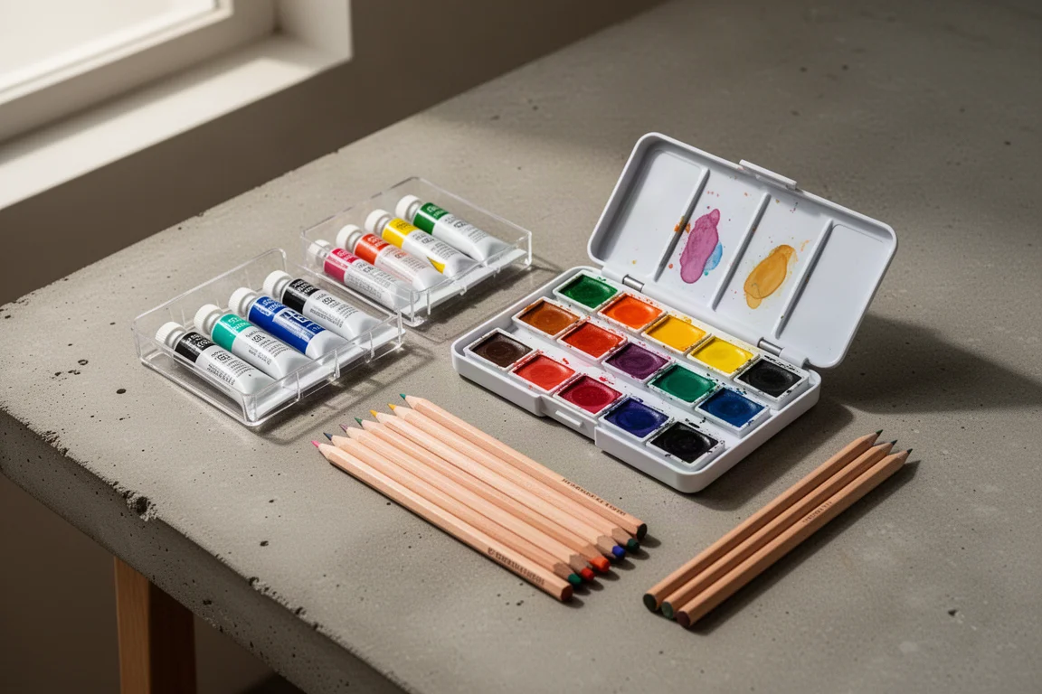 Flat lay of acrylic paint set, watercolor pan set, and wooden colored pencils on a concrete desk