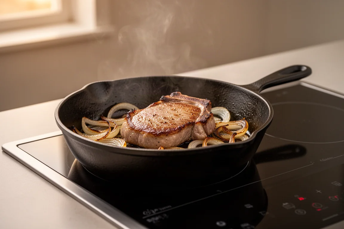 Enamel cast iron pans on a hob with onions caramelizing in one pan