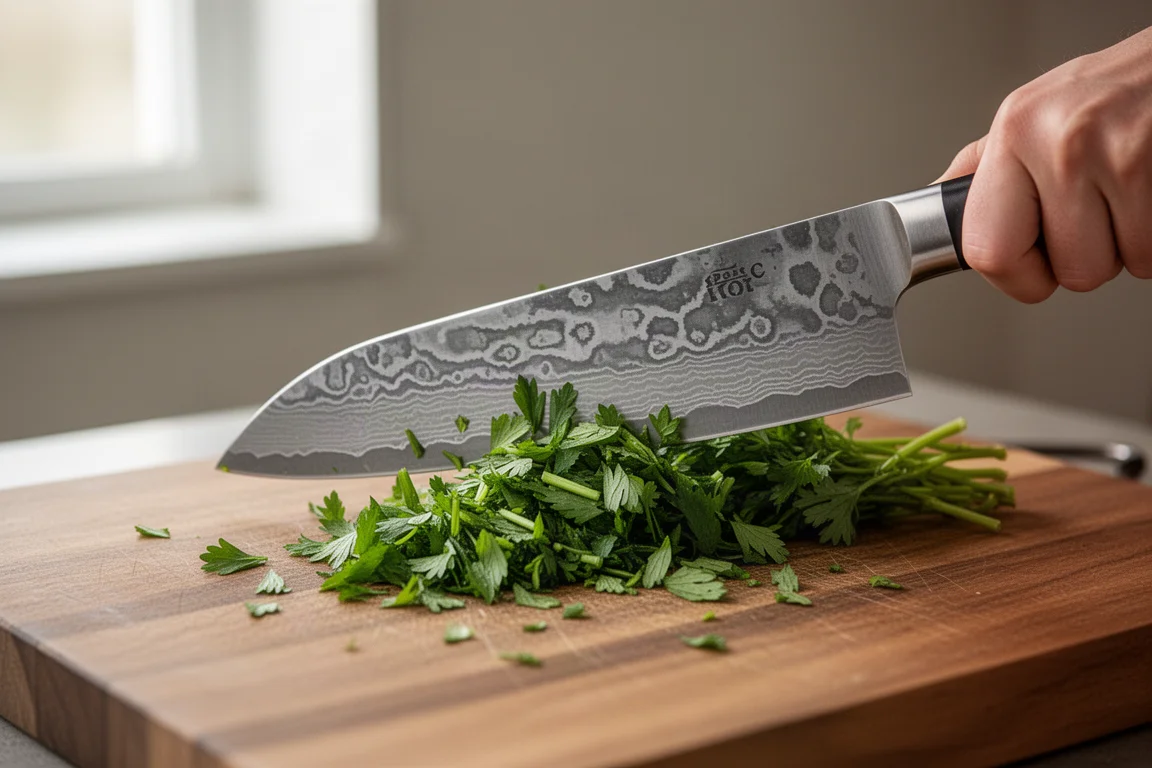 Chef knife slicing fresh herbs on a wooden cutting board