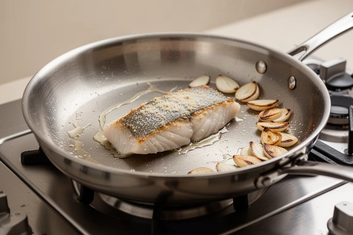 Fish fillet searing in a stainless steel pan with garlic at the edge