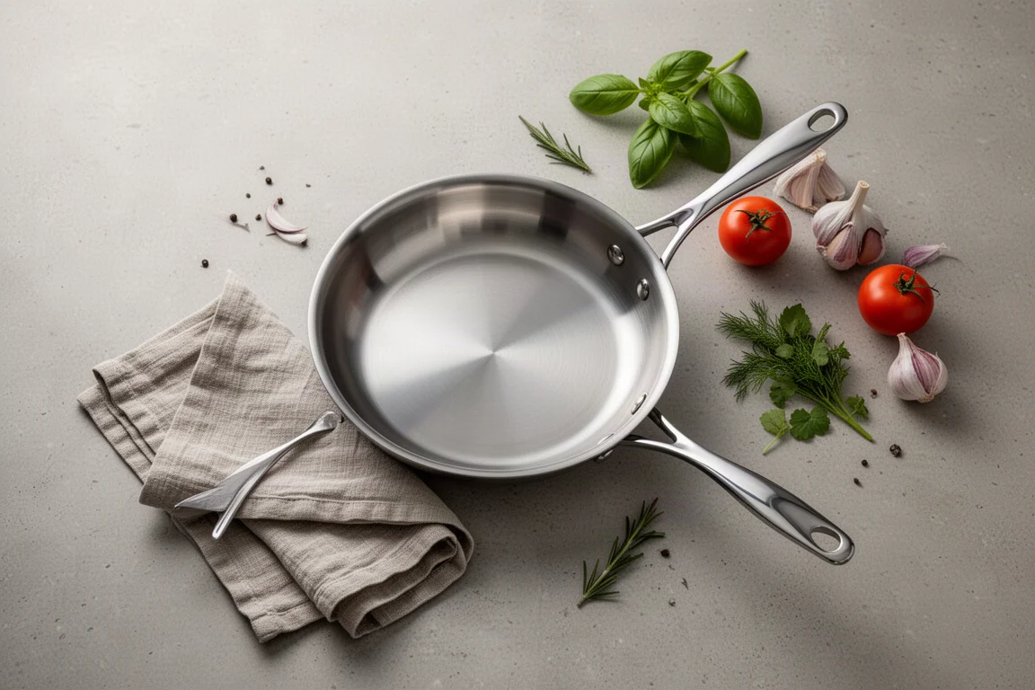 Flat-lay of cookware and knife on a concrete kitchen counter