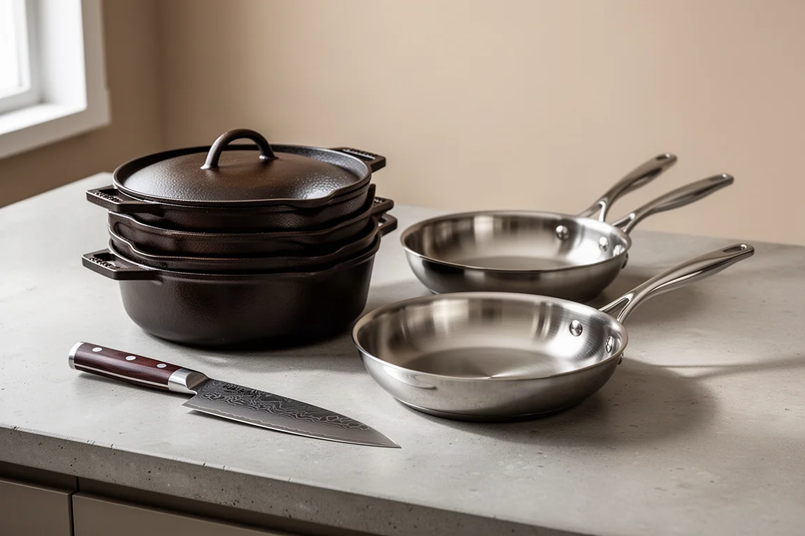Enameled cast iron pans, Damascus chef knife, and stainless steel pans arranged on a concrete counter