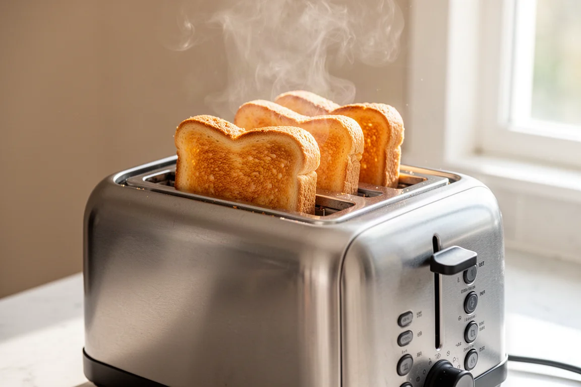 Goldener Toast springt aus einem eleganten Vier-Scheiben-Toaster im Morgenlicht