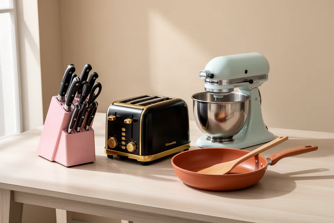 Collection of pastel kitchen appliances including a knife block, toaster, stand mixer and non-stick pan on a wooden table