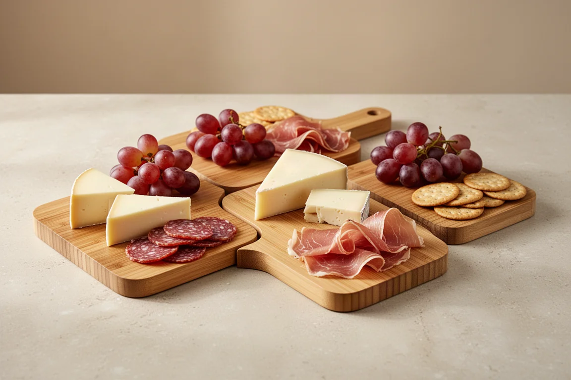 Bambus-Vesperbretter arrangiert mit Käse, Aufschnitt und Obst
