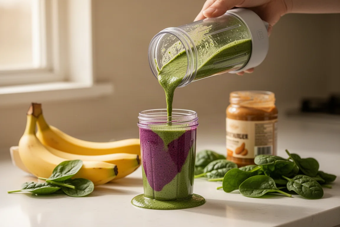 Morgensmoothie wird auf einer hellen Küchenarbeitsplatte in einen Travelbecher gegossen