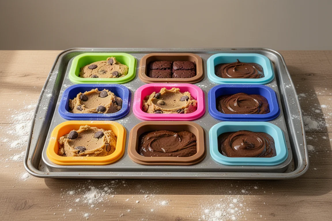 Silikonbackfächer, gefüllt mit Keksteig und Brownie-Teig, auf einem Blech