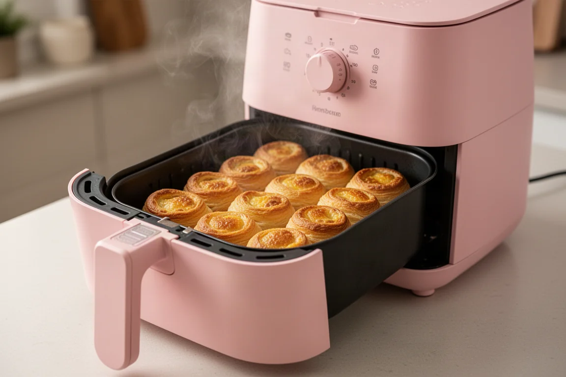 Rosa Airfryer-Korb mit frisch gebackenen, mit Oreo gefüllten Gebäckstückchen