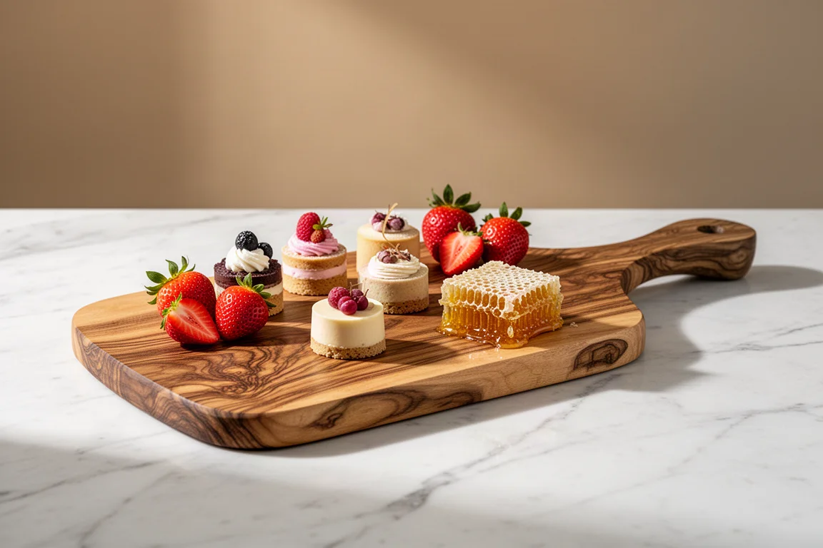 Servierbrett aus Olivenholz, mit Desserts und Honigwabe auf einer Marmorplatte angerichtet