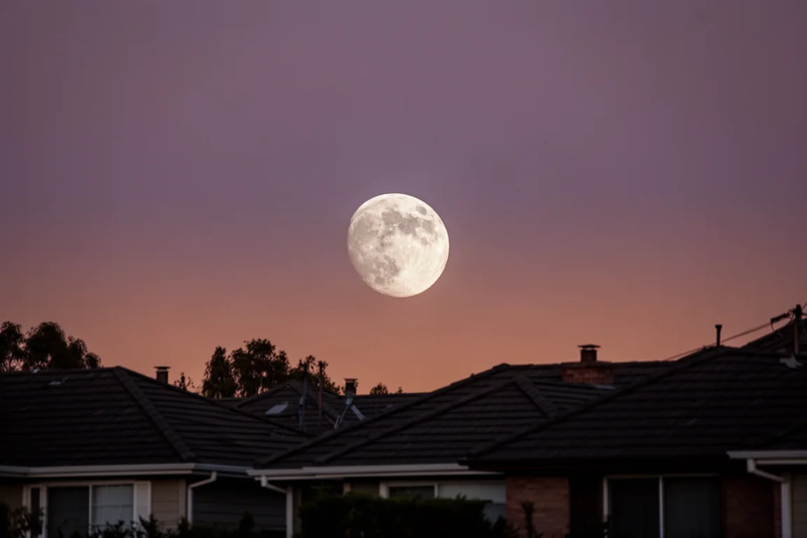 Der Mond steigt über Dächern auf, unter einem dunkelvioletten Abendhimmel