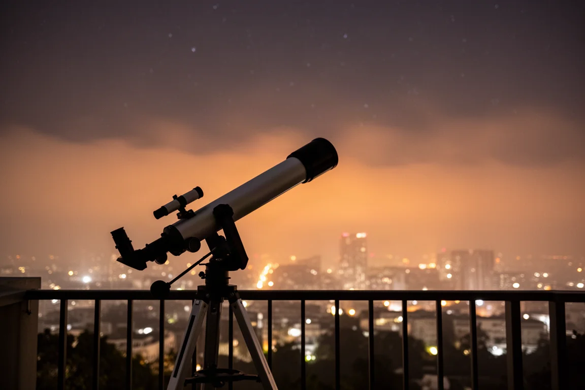 Teleskop richtet sich von einem Balkon in einer Stadt mit Lichtverschmutzung zum Nachthimmel