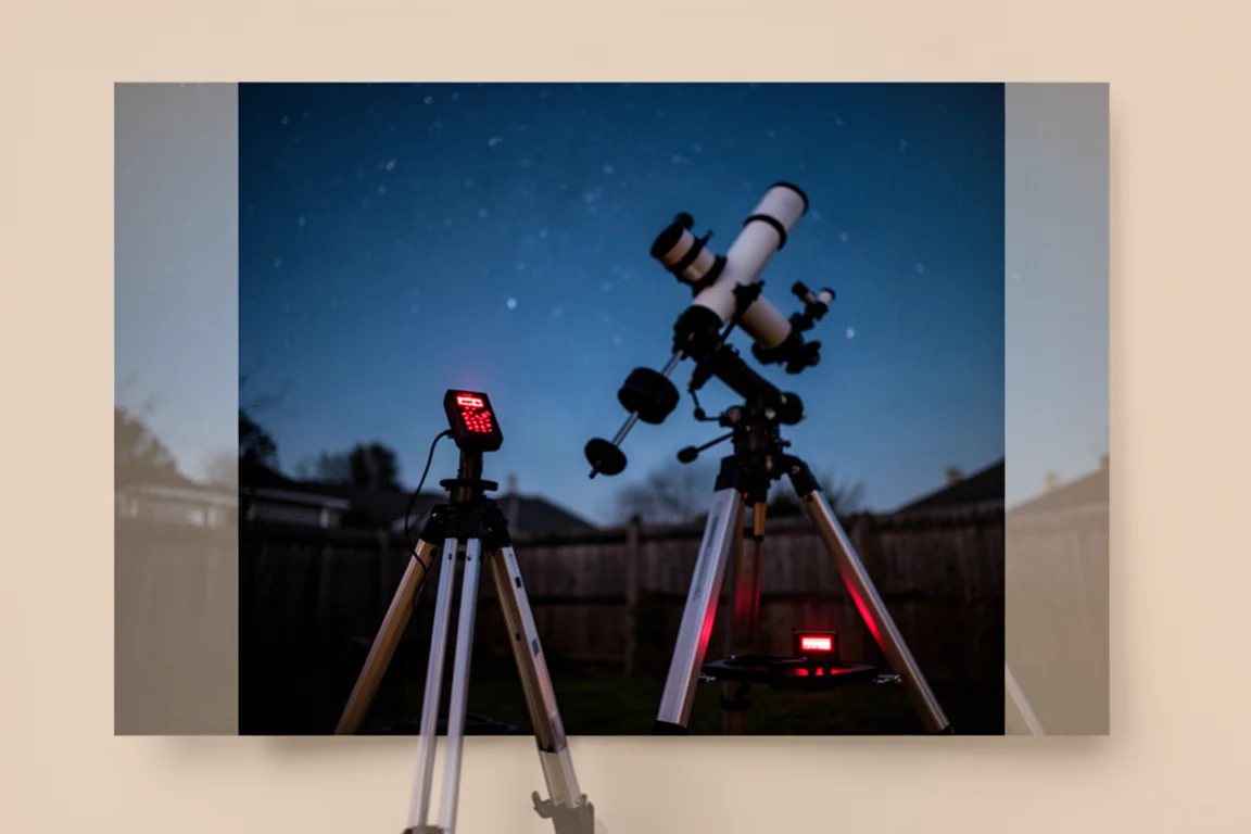 Scena di osservazione stellare in giardino al tramonto con un telescopio su una montatura equatoriale puntato verso un cielo stellato