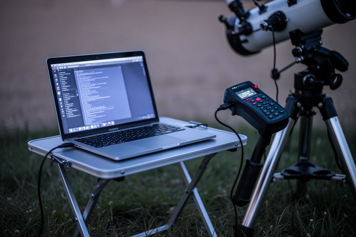 Laptop collegato a una montatura telescopica per il controllo computerizzato su un tavolo da osservazione al buio