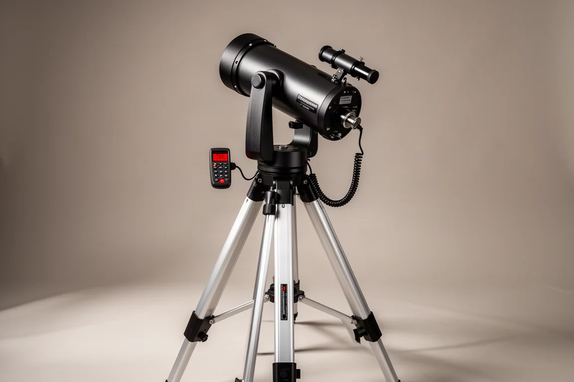 Celestron Advanced VX 赤道儀搭配三腳架與手控器，置於素色背景前