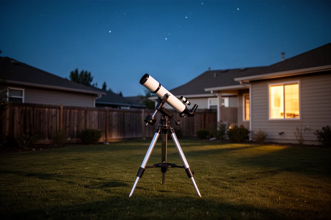 Teleskop auf einem Gartenrasen aufgebaut, auf den Abendhimmel gerichtet