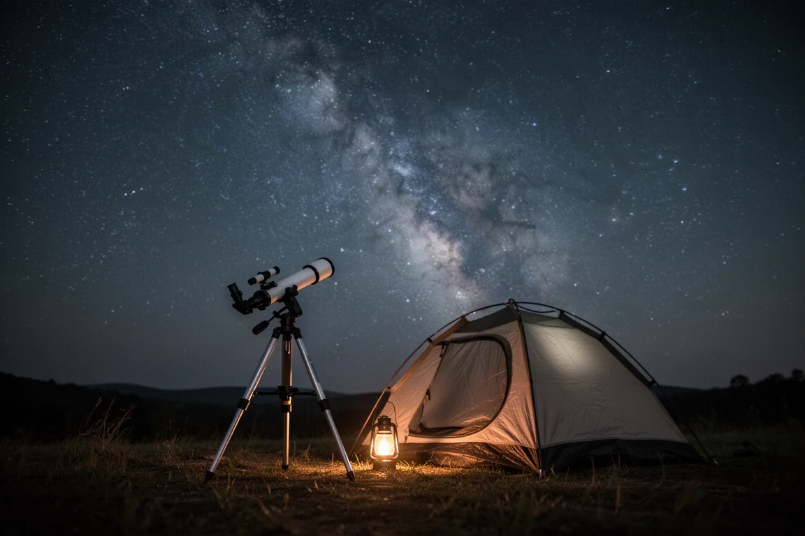 Tragbares Teleskop neben einem Campingzelt unter einem sternklaren Nachthimmel