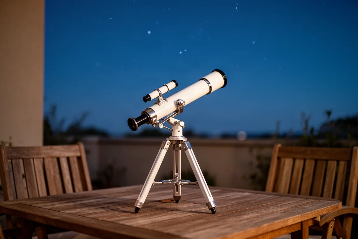 Ein kompaktes Teleskop auf einem Tisch im Freien bei Dämmerung unter klarem Himmel aufgebaut