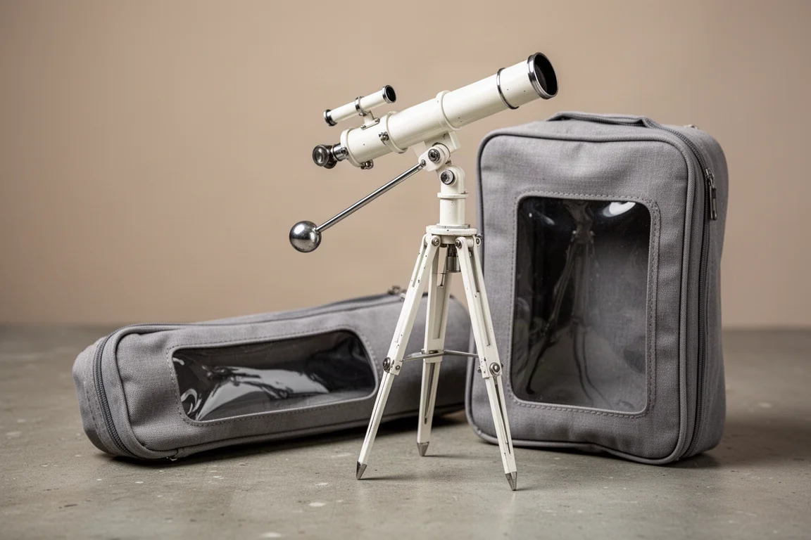 小型復古 Celestron C-62 Cometron 折射式望遠鏡架在摺疊柱腳三腳架上，旁邊是收納箱