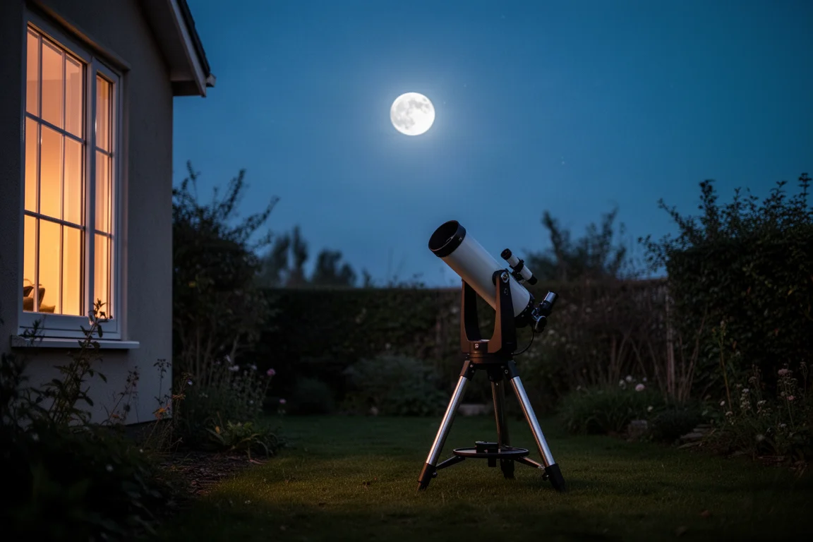 Kleines Tisch-Dobsonian-Teleskop auf einer Fensterbank in der Abenddämmerung