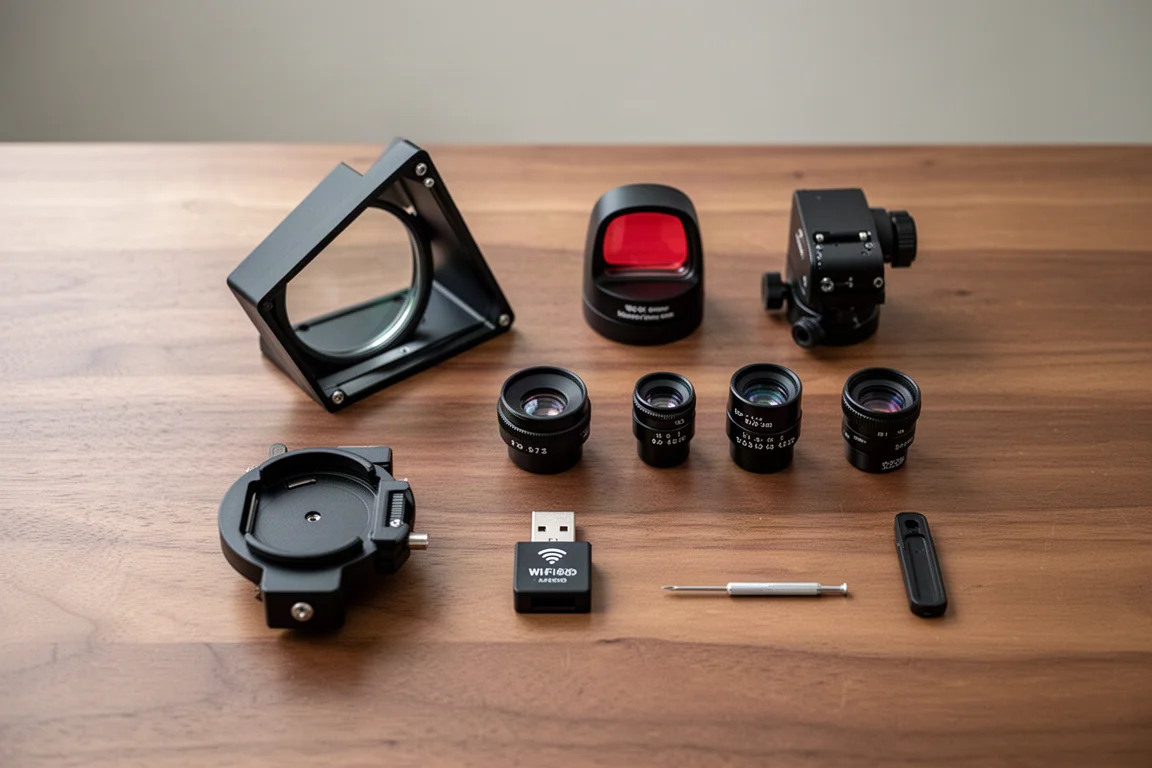 Scena di unboxing con gli accessori del telescopio disposti su un tavolo