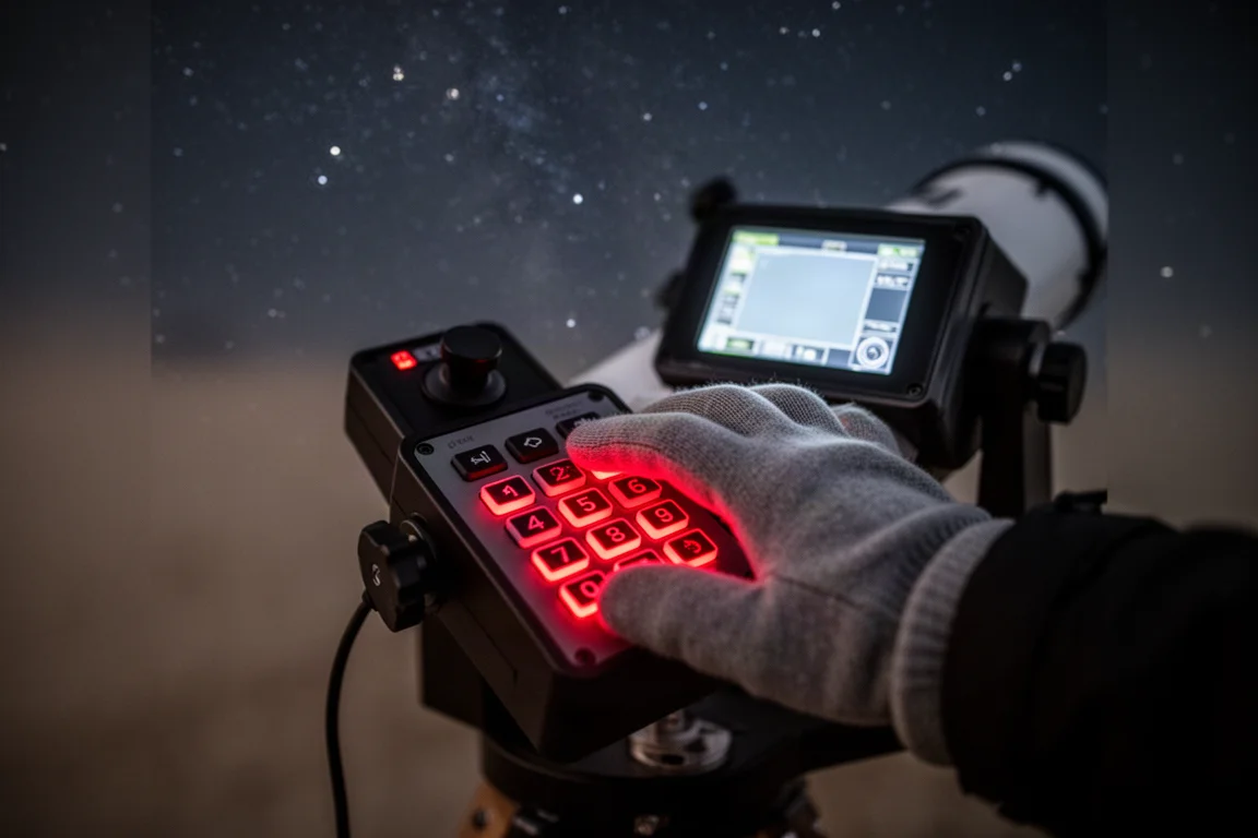 Una mano con un guanto che utilizza il hand controller di un telescopio di notte