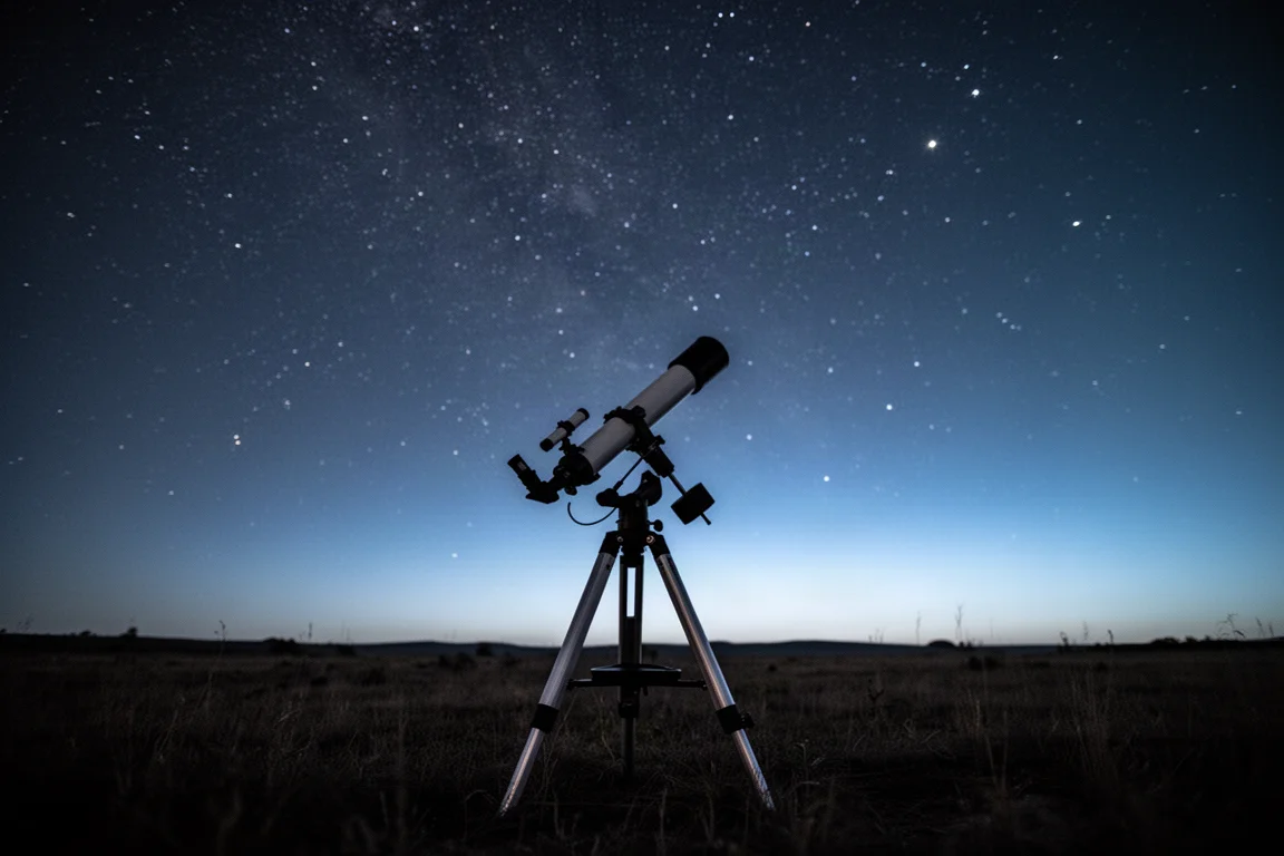 Persona che allinea un telescopio al cielo notturno sotto un cielo stellato limpido