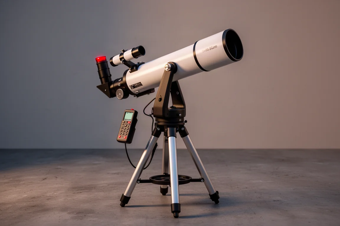 黃昏時分，Celestron NexStar 102 SLT 望遠鏡架設在電腦化赤道儀上
