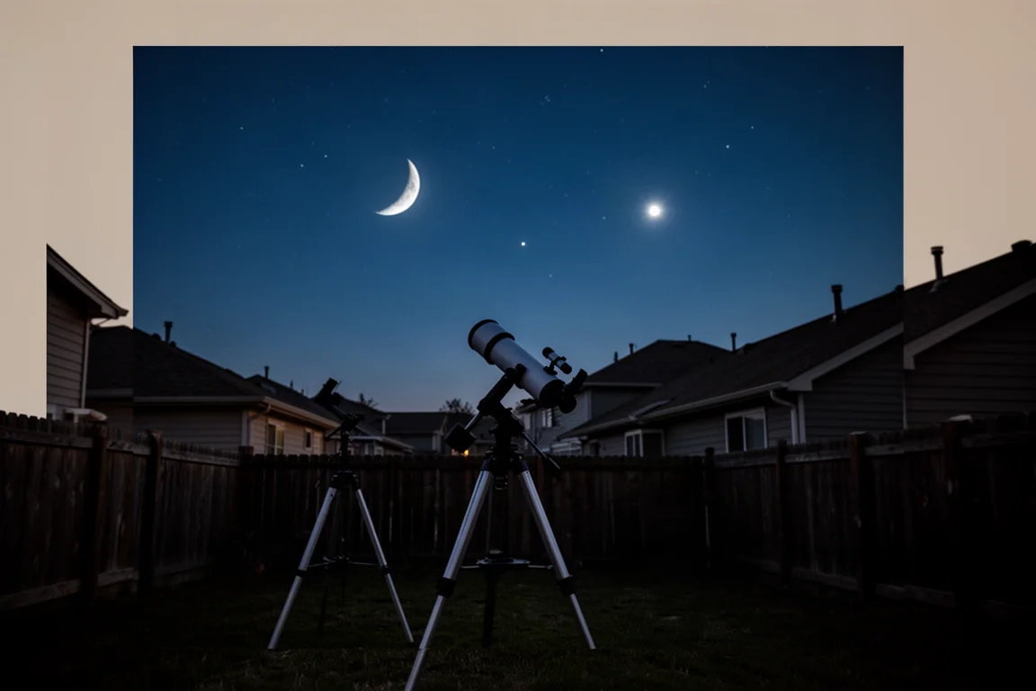 Cielo notturno con la Luna e pianeti luminosi sopra un giardino buio