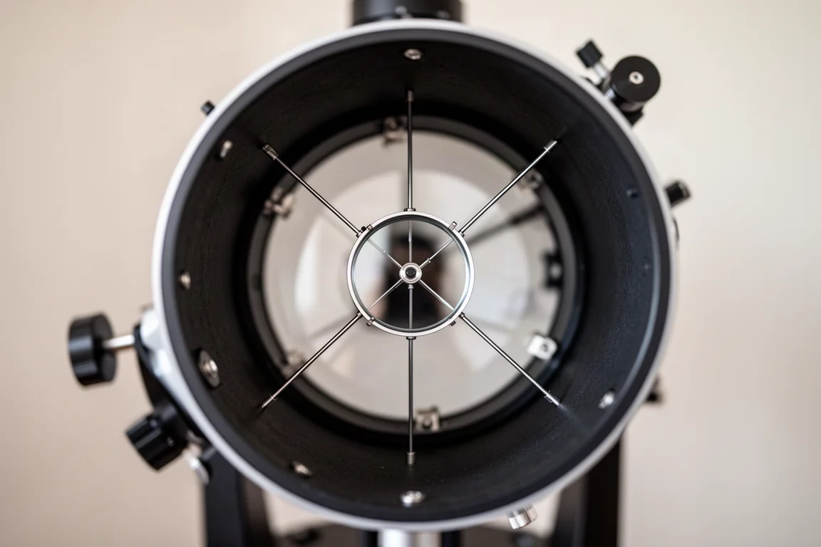Primo piano di uno specchio secondario di un telescopio Newtonian con le paline del spider visti through il portaoculari