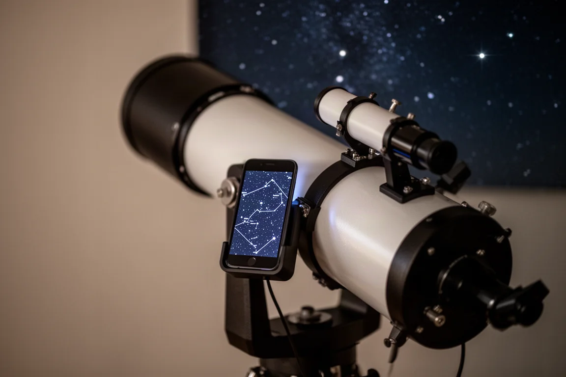Smartphone montato su un telescopio che mostra un'app di mappa stellare puntata verso il cielo notturno