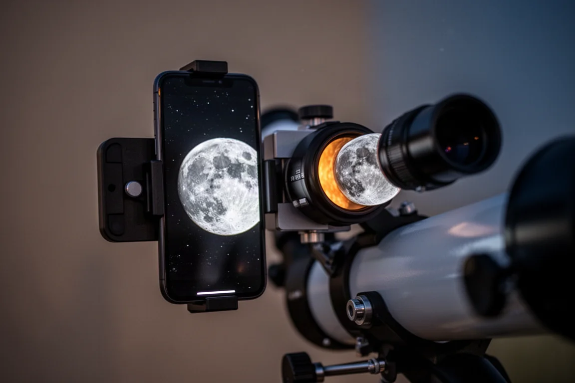 Smartphone che scatta la Luna attraverso un adattatore per oculare di telescopio