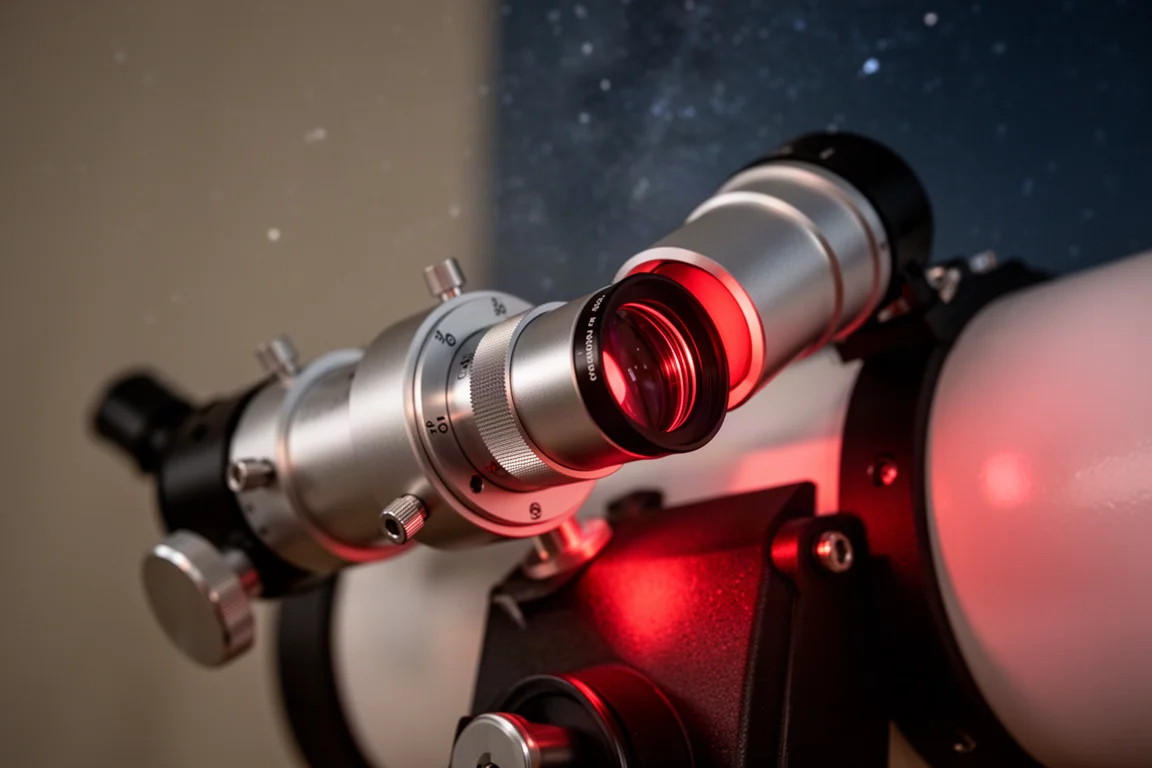 在昏暗的觀星夜晚,一隻手將目鏡裝入望遠鏡調焦座