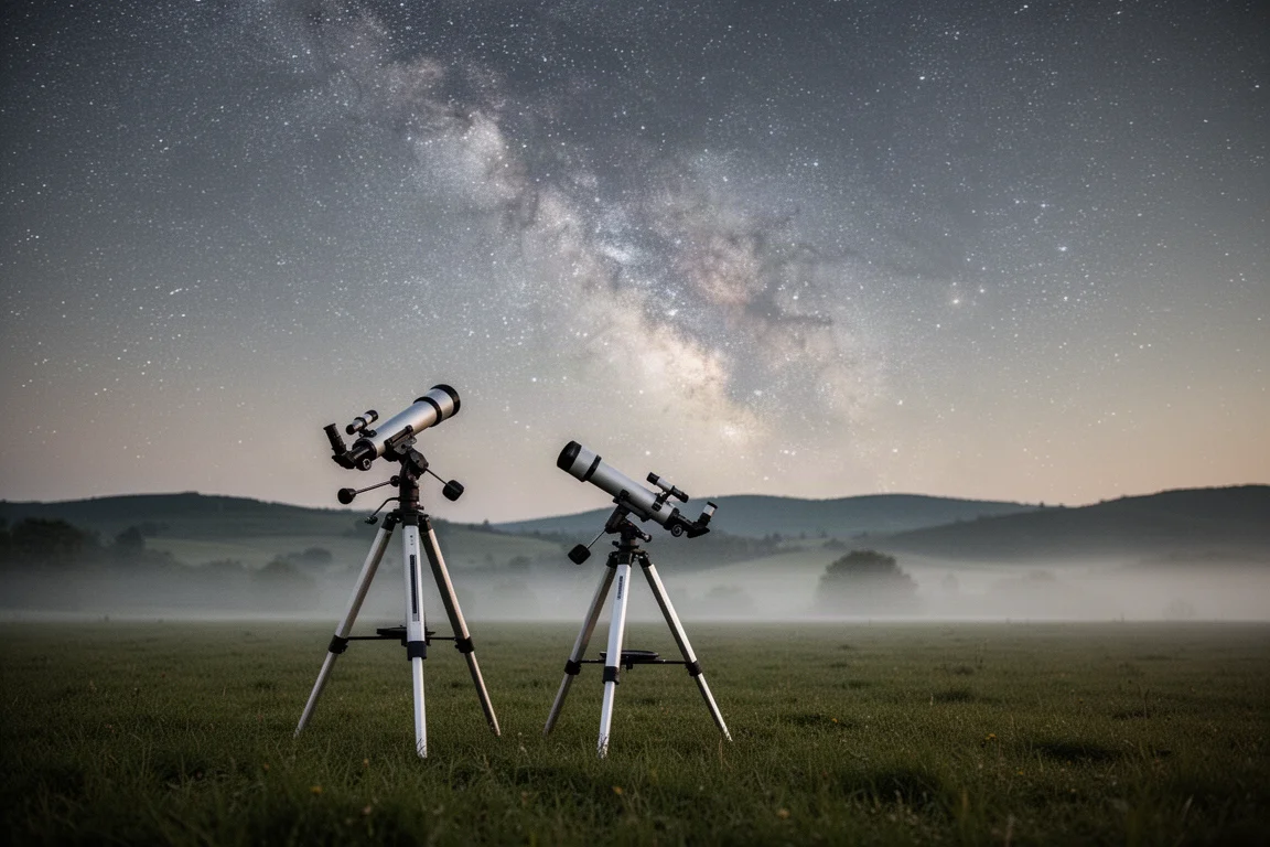望遠鏡架設在星空下的草地上