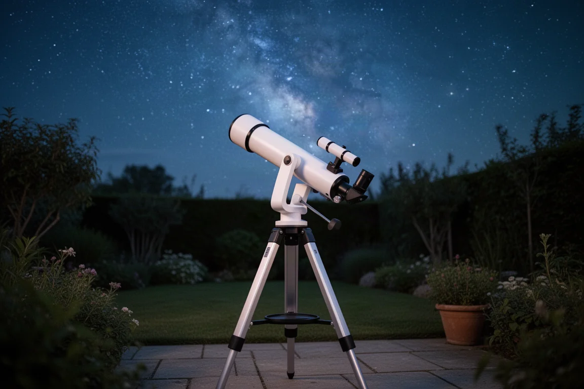 Telescopio intelligente installato su un patio sotto un cielo notturno stellato