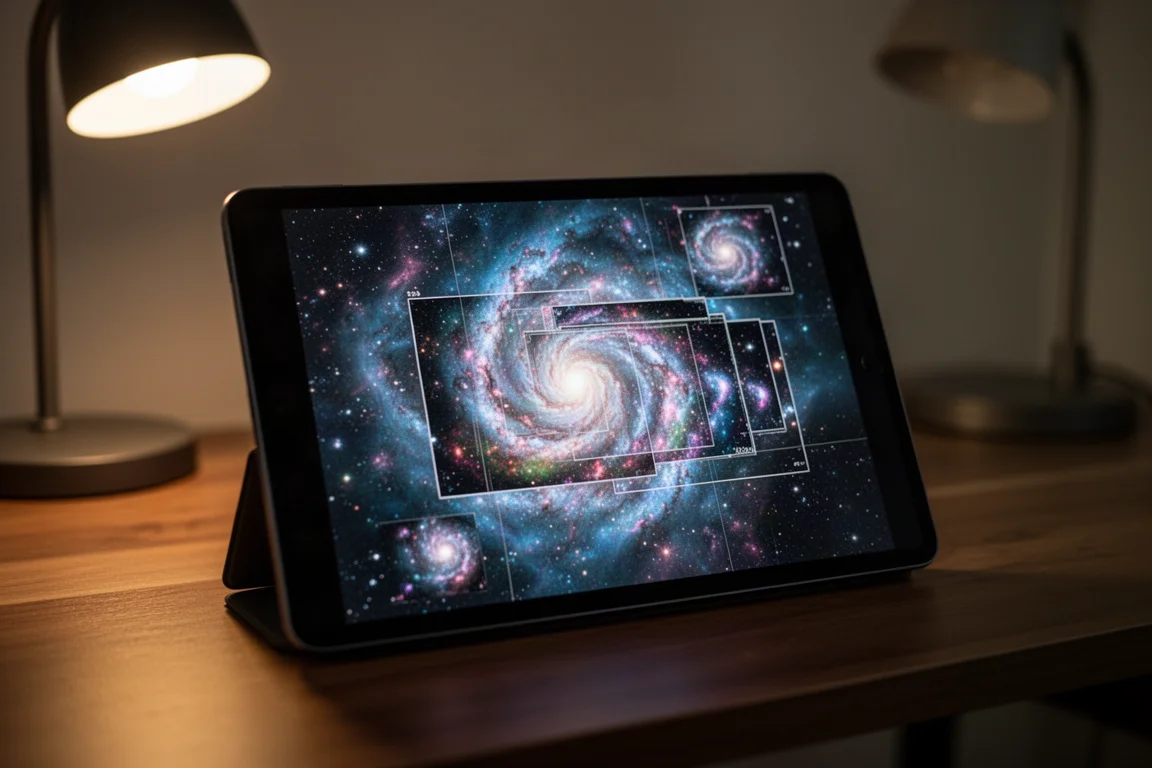 Schermo di tablet che mostra un'immagine in diretta del profondo cielo in accumulo