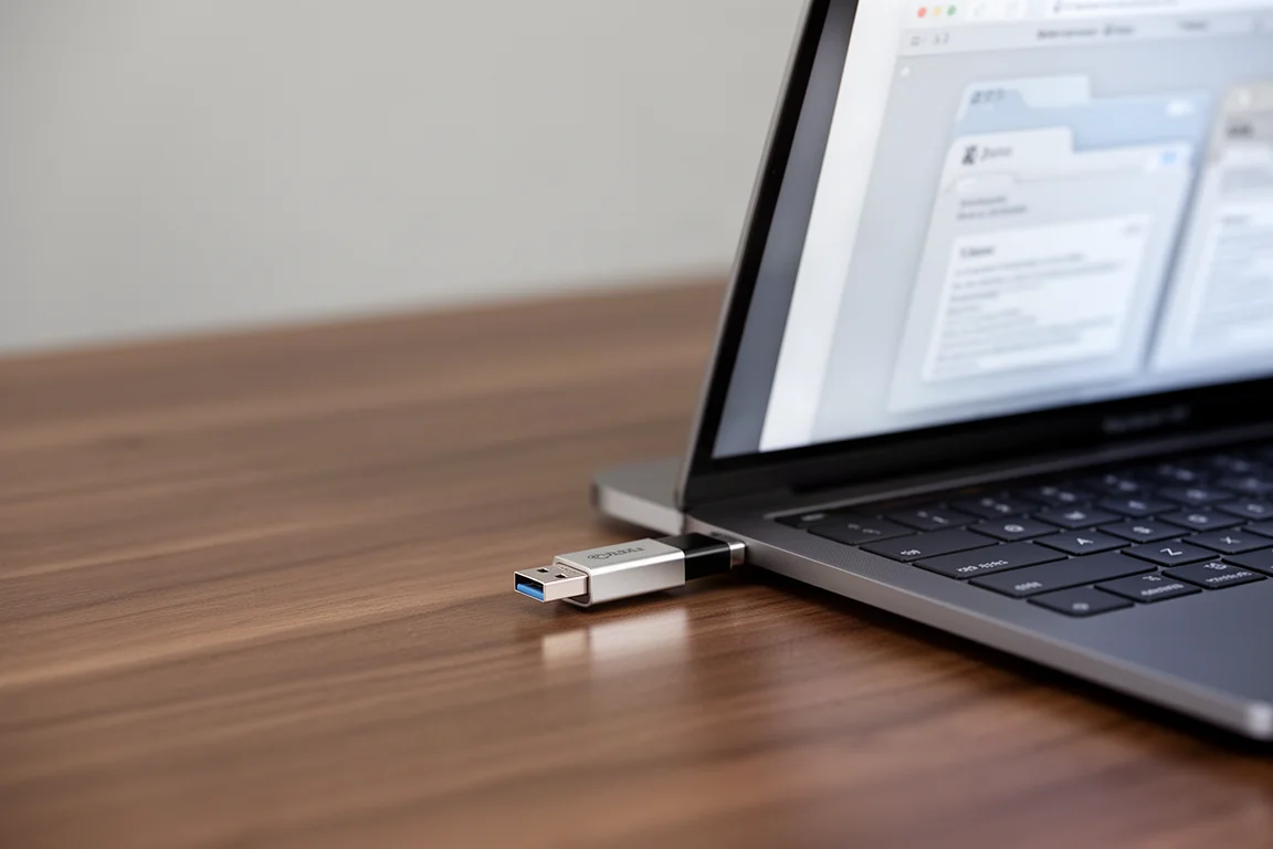 Chiavetta USB collegata a un laptop per i file grezzi di astrofotografia