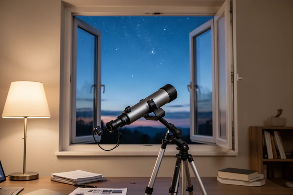 Telescopio che riprende una galassia attraverso una finestra aperta al tramonto