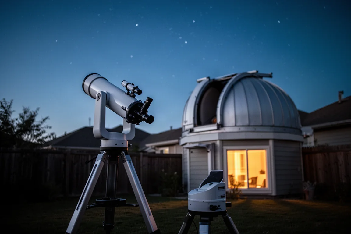 Sternenhimmel über einem Hinterhof mit der Silhouette eines Teleskops