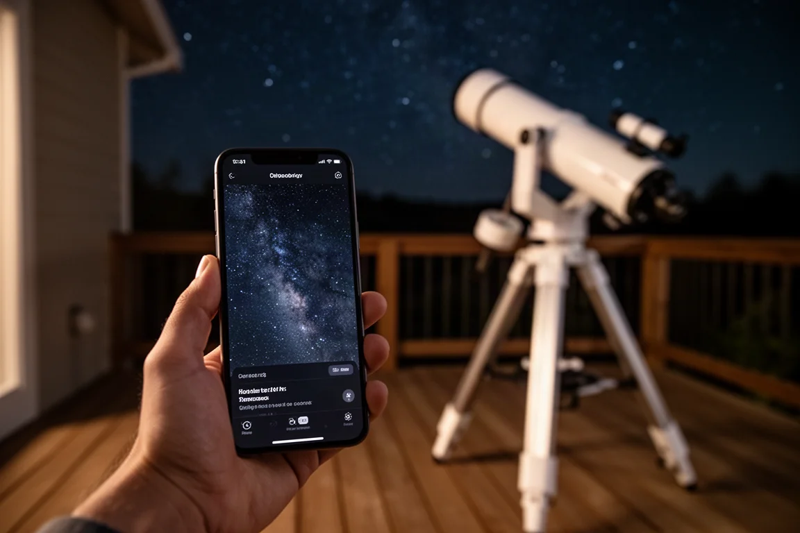 Person steuert ein Smart-Teleskop über eine Smartphone-App auf einer Terrasse