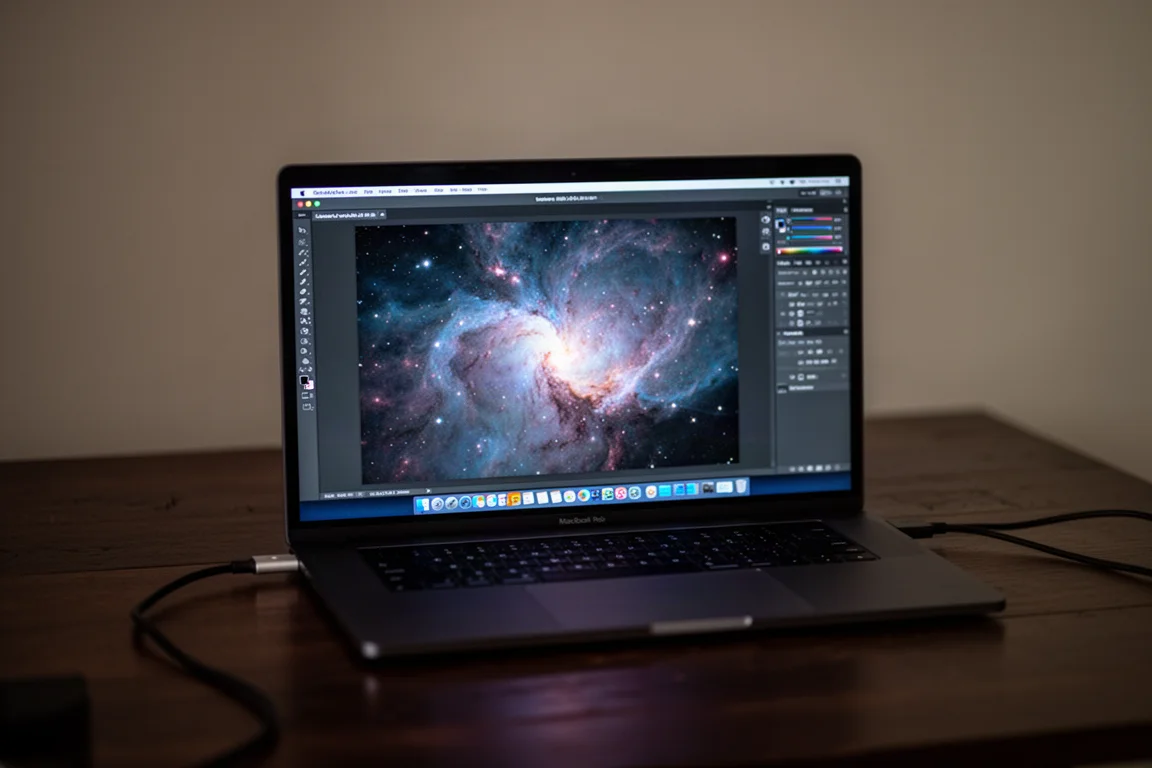 Laptop auf einem Schreibtisch verarbeitet Bilddateien der Astrophotografie