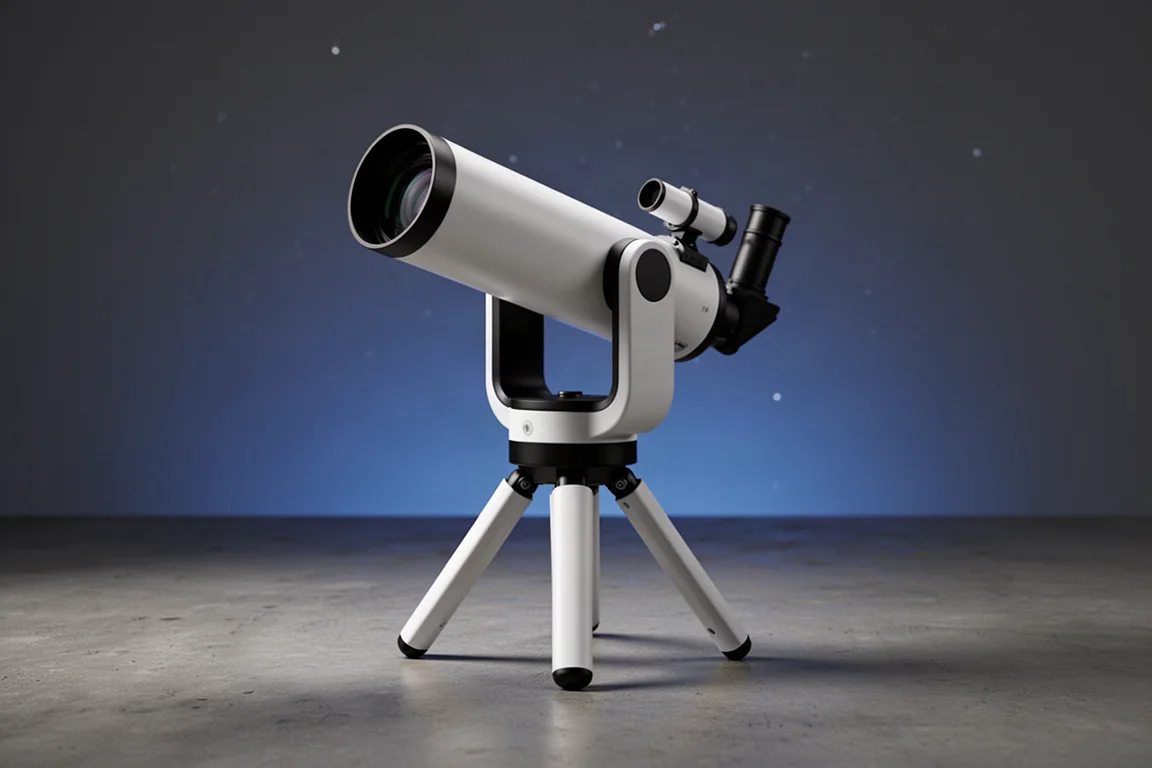 Celestron Origin 智慧望遠鏡架設於腳架上，背景為昏暗的攝影棚