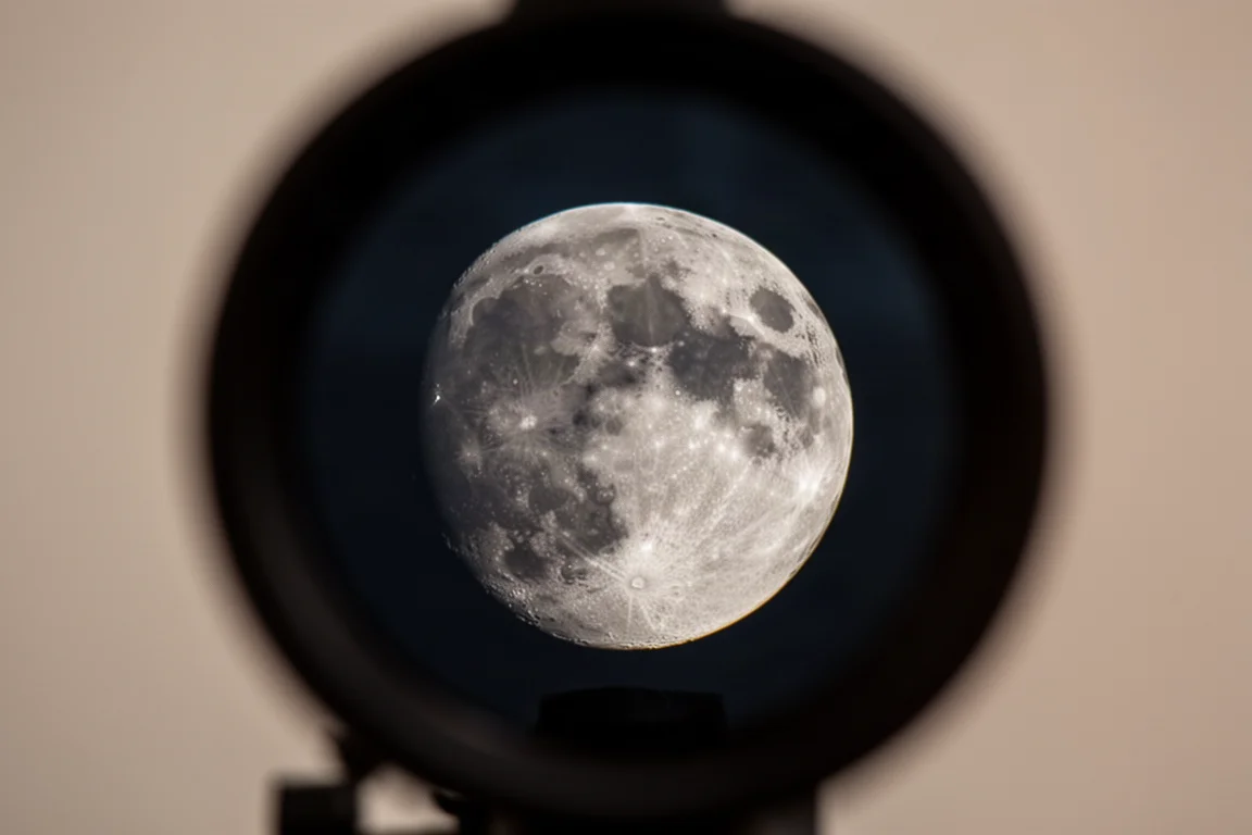 Voller Mond, der das Okularbild eines kleinen Teleskops bei Nacht vollständig ausfüllt