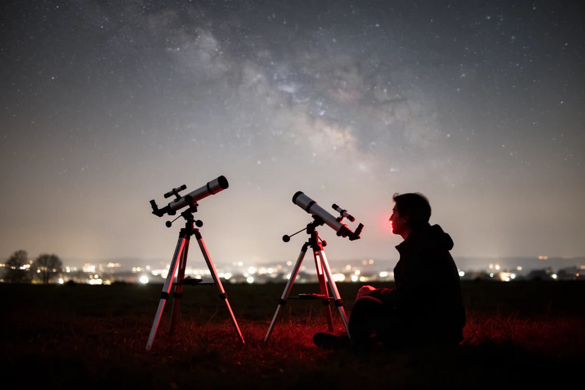 Amateur Astronom am Teleskop im Garten unter dunklem Himmel fernab der Stadt