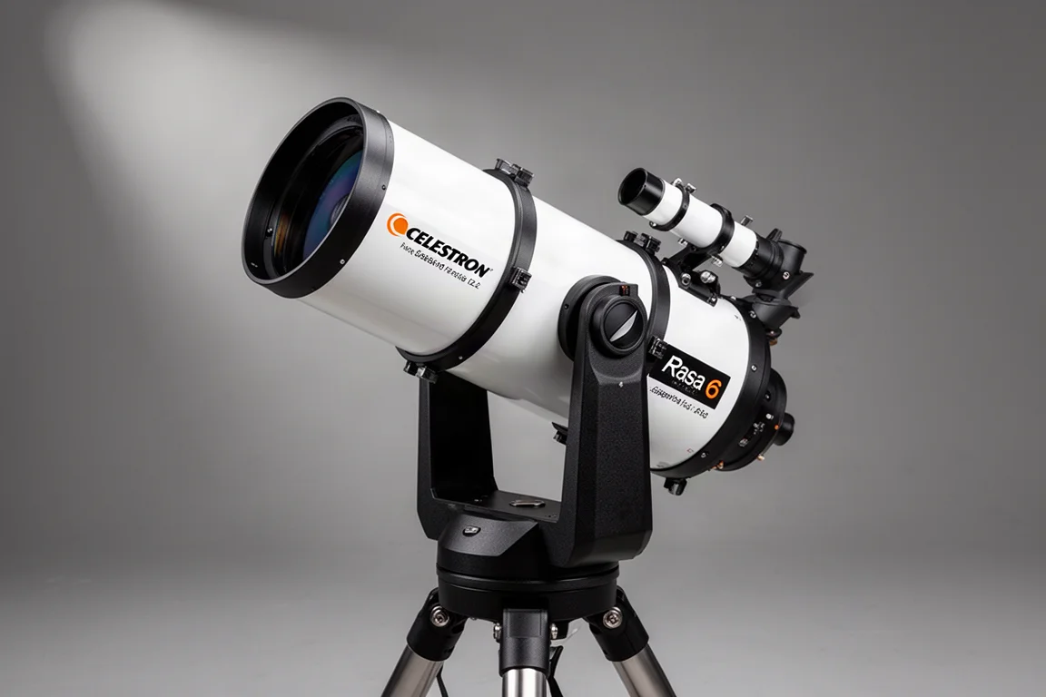 Astrofotografie-Ausrüstung mit Teleskop, Kamera und Fokussierer auf dunkler Oberfläche