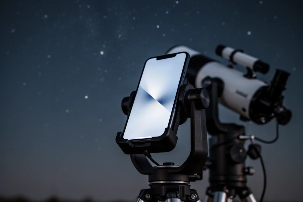 夜晚手機安裝在望遠鏡基座上,顯示星圖 App
