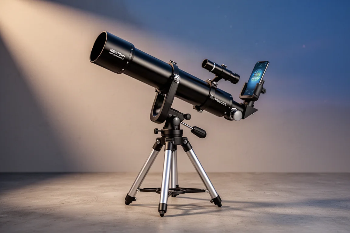 Celestron StarSense Explorer 130DX 望遠鏡架設在三腳架上並搭載手機基座,攝於黃昏時分