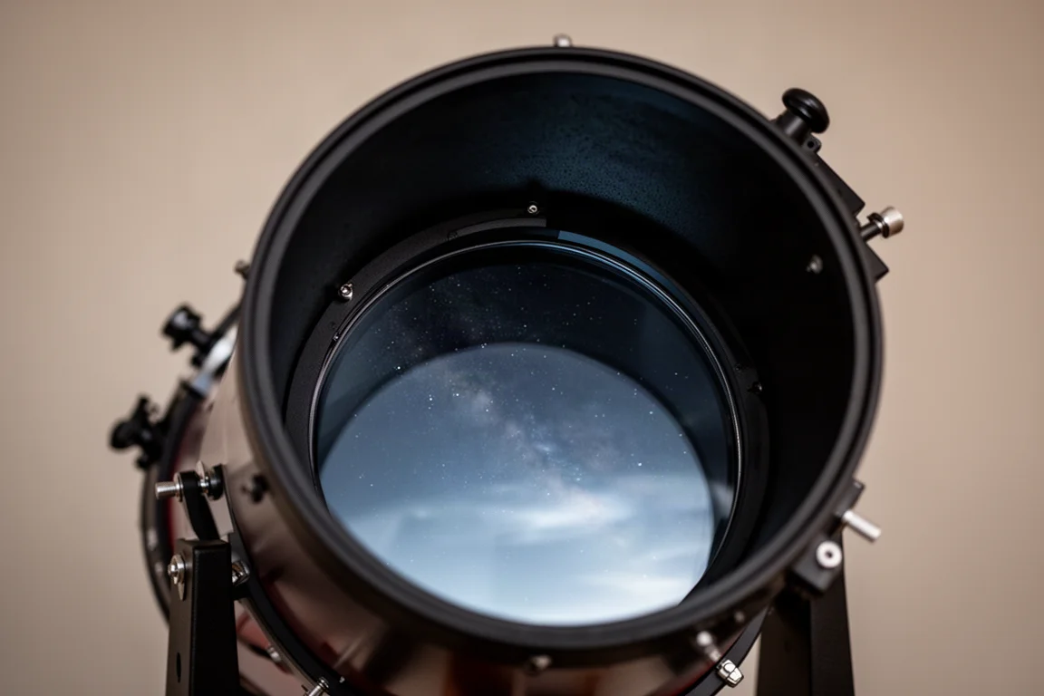 Il grande specchio da 8 pollici del telescopio visibile all'interno del tubo ottico aperto