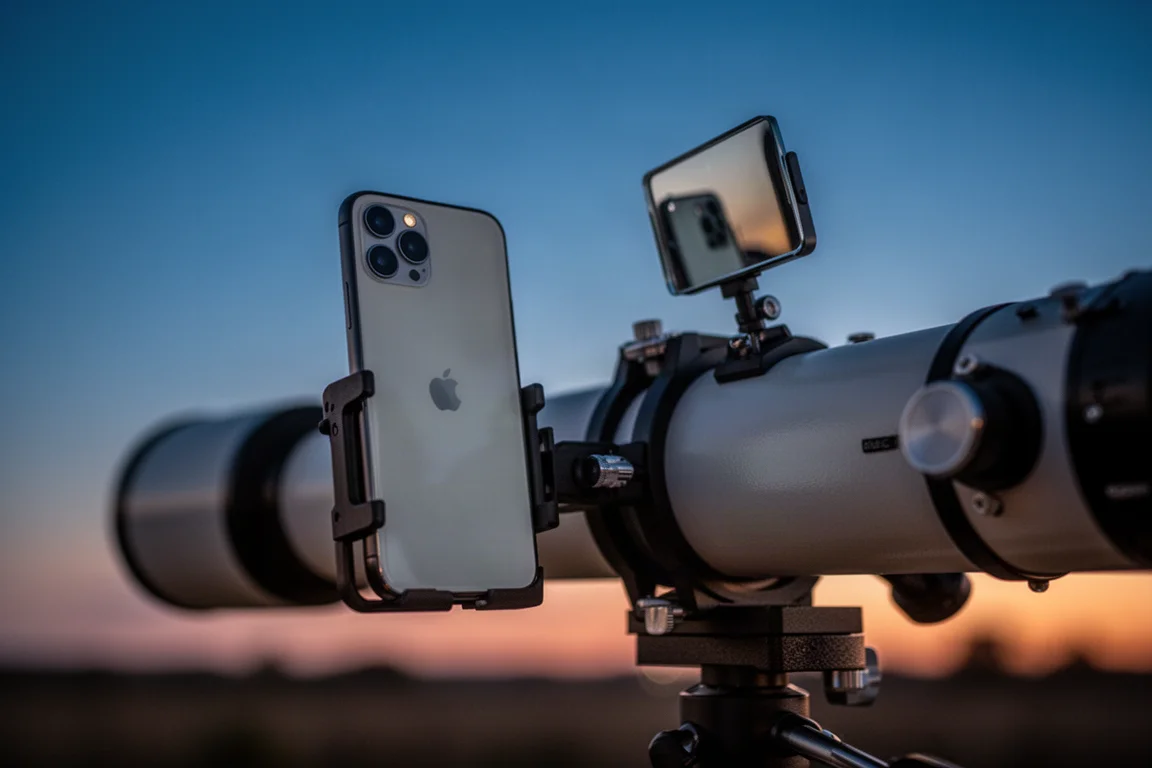 Smartphone agganciato a una staffa del telescopio rivolto verso uno specchio inclinato al tramonto