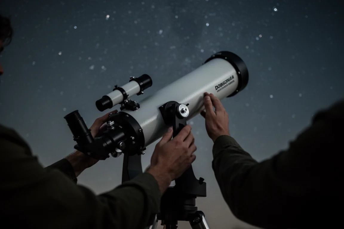 Una persona spinge manualmente un telescopio Dobsonian verso il cielo notturno